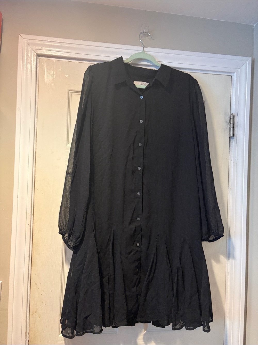 LOFT Black Long-Sleeve Button Front Shirt Dress